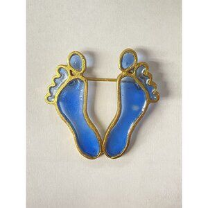 Signed Joy Resin Plique A Jour Stained Glass Blue Feet Brooch Pin Gold Tone
